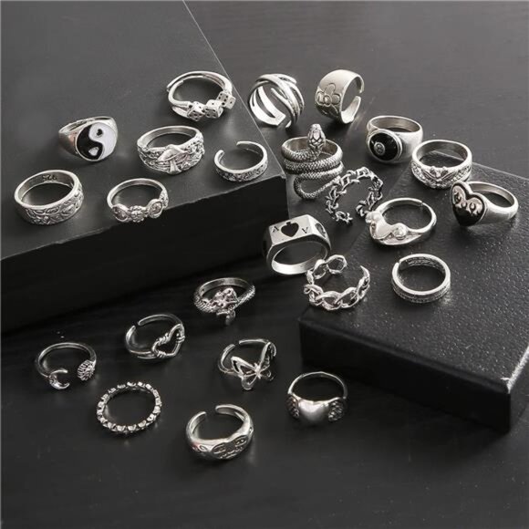 Vintage Silver Open Punk Rings for Men Women, 24PCS Adjustable Rings, Alt Rings - Picture 6 of 8